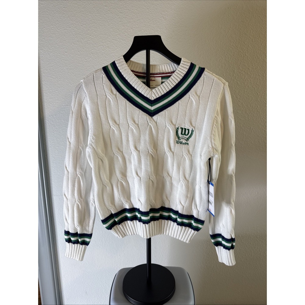Wilson Tennis Sweater Girls Size XL (10/12) White/Green Knit Pullover V-Neck New